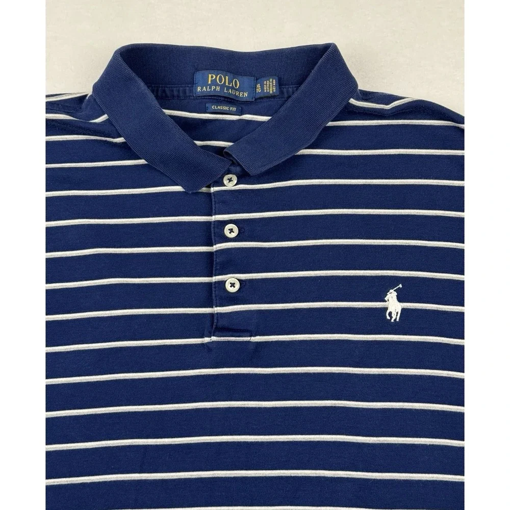 Polo Ralph Lauren Mens XL Blue Striped Polo Shirt Classic Fit Short Sleeve